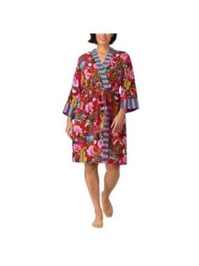 NWT Room Service Women's L Floral Animal Print Robe Vibrant Red Pink/Green B1661